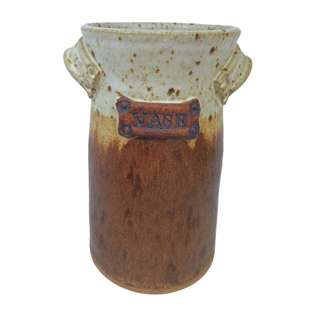 Rustic Stoneware Pottery Vase Earthy Utensil Crock Hand Crafted Handles Flowers